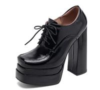 Gicoiz Mujer Punta Quadrada Tacón Chunky Plataforma Pumps Charol Cordones Oficina Oxford Trabajo Profesional High Zapatos Loafer Zapatos Negro Talla 43 EU-45Cn