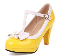 Gicoiz T Strap Mary Jane Hebilla Mujer Tacón Alto Zapatos de Fiesta Lazos Punta Rojoonda Verano Comfy Boda Plataforma Charol Pumps Noche Amarillo Talla 47 EU-49Cn