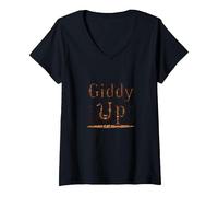 Giddy Up Western Horse Desert Cactus Cowboy Vaca Niña Camiseta Cuello V, Mujer, Negro, XXL