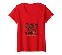 Giddy Up Western Horse Desert Cactus Cowboy Vaca Niña Camiseta Cuello V, Mujer, Rojo, XXL