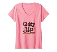 Giddy Up Western Horse Desert Cactus Cowboy Vaca Niña Camiseta Cuello V, Mujer, Rosado, XXL