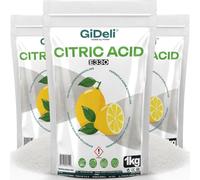 GiDeli Ácido Cítrico 3x1kg E330 Grado Alimentario - Polvo Blanco Puro Para Repostería y Conservas - Descalcificador Natural de Gran Formato Para Lavavajillas, Lavadora y Limpieza - Regulador de pH
