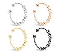 GIDWRIY 4 Piezas Anillo Antiestres Mujer Hombre,Anillo Ansiedad Acero Inoxidable,Anxiety Ring Fidget,Anillos Giratorio Ajustables con Perlas,Anillos Abiertos de Relajación Regulable para Ansiedad