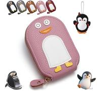 Gienslru Cute Penguins PU Credit Card Coin Wallet, Cute Penguins Card Coin Holder, Creative Cartoon Penguin Accordion Cards Wallet with Zip Built-in 11 Cards Slots for Men Women Present (Pink)