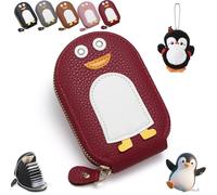 Gienslru Cute Penguins PU Credit Card Coin Wallet, Cute Penguins Card Coin Holder, Creative Cartoon Penguin Accordion Cards Wallet with Zip Built-in 11 Cards Slots for Men Women Present (Red)