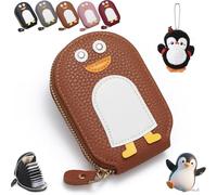 Gienslru Cute Penguins PU Credit Card Coin Wallet, Cute Penguins Card Coin Holder, Creative Cartoon Penguin Accordion Cards Wallet with Zip Built-in 11 Cards Slots for Men Women Present (Brown)