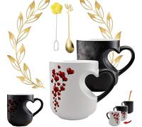 Gienslru Heart-Shaped Color Changing Ceramic Mug, Heat Sensitive Magic Color Changing Coffee Mug with Red Heart Design, Hearts Shaped Handle Ceramic Coffee Cup for Valentine's Day (Black)