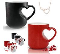 Gienslru Heart-Shaped Color Changing Magic Ceramic Mug, Heat Changing Heart Mug, Funny Color Changings Coffee Cup with Handle That Reveals Surprise Design When Filled with Hot (Black+Red)
