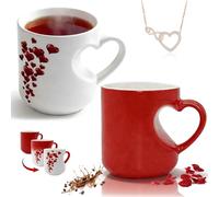 Gienslru Heart-Shaped Color Changing Magic Ceramic Mug, Heat Changing Heart Mug, Funny Color Changings Coffee Cup with Handle That Reveals Surprise Design When Filled with Hot (White+Red)