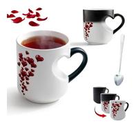 Gienslru Heart-Shaped Color Changing Magic Ceramic Mug, Heat Sensitive Magic Color Changing Coffee Mug with Red Heart Design, Valentine Themed Hearts Shaped Handle Ceramic Coffee Cup (White)