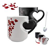 Gienslru Heart-Shaped Color Changing Magic Ceramic Mug, Heat Sensitive Magic Color Changing Coffee Mug with Red Heart Design, Valentine Themed Hearts Shaped Handle Ceramic Coffee Cup (White+Black)