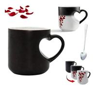 Gienslru Heart-Shaped Color Changing Magic Ceramic Mug, Heat Sensitive Magic Color Changing Coffee Mug with Red Heart Design, Valentine Themed Hearts Shaped Handle Ceramic Coffee Cup (Black)