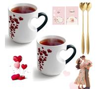 Gienslru Heat Changing Heart Mug, Heart-Shaped Color Changing Magic Ceramic Mug with Red Hearts Design, Color Changings Hearts Handle Ceramic Mugs for Valentine'S Day, Mother'S Day Gifts (White*2)