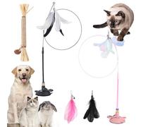 Gienslru Meowmastery Toy, Meow Mastery Teaser Wand with 3 Types of Replacement Feathers, Strong Suction Cup Cat Teaser Wand, Interactive Cat Wand Toy for Play & Exercise (E*2)