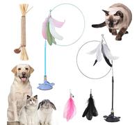 Gienslru Meowmastery Toy, Meow Mastery Teaser Wand with 3 Types of Replacement Feathers, Strong Suction Cup Cat Teaser Wand, Interactive Cat Wand Toy for Play & Exercise (A*2)