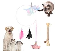 Gienslru Meowmastery Toy, Meow Mastery Teaser Wand with 3 Types of Replacement Feathers, Strong Suction Cup Cat Teaser Wand, Interactive Cat Wand Toy for Play & Exercise (Pink)