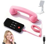 Gienslru Retro Phone Handset, Type-C Retro Telephone Style Landline Handle Receiver, Wired Plug In Handheld Cell Phone Receiver with Microphone, Bluetooth Telephone Handset for Mobile (Type-C,Pink)