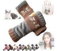 Gienslru Women’s Knitted Fingerless Gloves With Cute Cat Embroidery, Cat Embroidery Splicing Knitted Gloves, Fingerless Cats Glove, Warm Splicing Fashion Glove, Warm and Cuddly (Khaki)