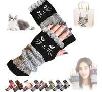 Gienslru Women’s Knitted Fingerless Gloves With Cute Cat Embroidery, Cat Embroidery Splicing Knitted Gloves, Fingerless Cats Glove, Warm Splicing Fashion Glove, Warm and Cuddly (Black)
