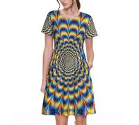 GIF - Vestido acampanado con bolsillos para mujer, con diseño de ilusión óptica en espiral, vestido informal de manga corta para el trabajo, viajes, fin de semana, Negro, M