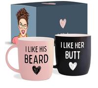 Gifffted Parejas Aniversario de Tazas para El y Ella, I Like His Beard I Like Her Butt, Regalos De Boda, Novios Y Novias, Blanco, Cerámica, 380 Ml, Juego De 2