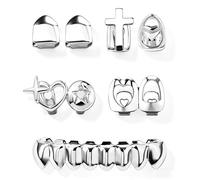 GIFIKOI Juego de 7 piezas Golden Grillz para tus dientes, cara abierta, hip hop, rapero, dientes, joyería, una sola parrilla, tapas dentales para la parte superior de 8/6 dientes inferiores, One Size