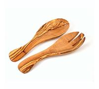 Gift Sale! 23cm Wooden Curved Spoon and Fork Olive Wood Salad Server Kitchen Tools| Handcrafted Olive Wood Kitchen Utensils Set of 2