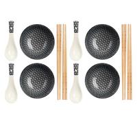 Giftdecor Elegante Conjunto de 12 Piezas en Cerámica para Sushi y Comida Japonesa - 4 Boles (bowls), 4 Cucharas y 4 Juegos de Palillos - Ideal para Sushi, Miso, Noodles y Más