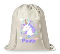 Gifters | Mochila de Cuerdas Personalizada Unicornio | Bolsa Bebé con Nombre 34 x 42 cm | Saco Infantil de Tela | Talega Guardería Personalizada