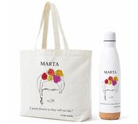 Gifters | Pack de Bolsa y Botella Personalizadas con Nombre | Diseño Frida, Artístico Floral | Shopper, Tote Bag con Cremallera | Termo Acero Inoxidable 750ml | Regalo Original Mujer, Amiga, Madre