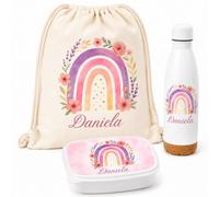Gifters | Pack Mochila Cuerdas, Táper y Botella Personalizados con Nombre | Arcoiris | Bolsa Tela + Fiambrera + Cantimplora | Guardería, Colegio, Excursiones y Educación Infantil