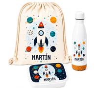 Gifters | Pack Mochila Cuerdas, Táper y Botella Personalizados con Nombre | Cohete Espacial | Bolsa Tela + Fiambrera + Cantimplora | Guardería, Colegio, Excursiones y Educación Infantil