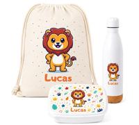 Gifters | Pack Mochila Cuerdas, Táper y Botella Personalizados con Nombre | León | Bolsa Tela + Fiambrera + Cantimplora | Guardería, Colegio, Excursiones y Educación Infantil