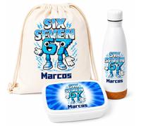 Gifters | Pack Mochila Cuerdas, Táper y Botella Personalizados con Nombre | SIX SEVEN 67 | Bolsa Tela + Fiambrera + Botella | Guardería, Colegio, Excursiones y Educación Infantil