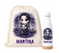Gifters | Pack Mochila de Cuerdas y Botella Personalizadas con Nombre | MIÉRCOLES | Bolsa Infantil 34 x 42 cm + Botella Acero Inox 750 ml | Guardería, Colegio, Primaria, Excursiones y Actividades