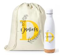 Gifters | Pack Mochila de Cuerdas y Botella Personalizadas | Incial de Colores y Nombre | Bolsa Infantil con Nombre 34 × 42 cm + Termo Acero Inox 750 ml | Guardería, Colegio y Excursiones
