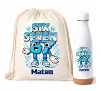 Gifters | Pack Mochila de Cuerdas y Botella Personalizadas SIX SEVEN con Nombre | Bolsa Infantil 34 x 42 cm + Botella Acero Inoxidable 750 ml | Guardería, Colegio, Primaria, Excursiones y Actividades