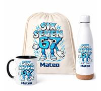 Gifters | Pack Regalo Personalizado Niño SIX SEVEN | Mochila de Cuerdas + Termo + Taza con Nombre | Kit Escolar Infantil | Regalo Original Niño, Cumpleaños, Navidad y Comunión | Pack Vuelta al Cole