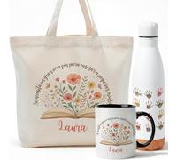 Gifters | Pack Regalo Profesora Infantil y Primaria “Pequeñas Mentes” Personalizado Fin de Curso | Bolsa Tote con Cremallera + Botella de Acero Inoxidable + Taza | Nombre Maestra y Alumnos