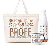 Gifters | Pack Regalo Profesora Infantil y Primaria “Profe” Personalizado Fin de Curso | Bolsa Tote con Cremallera + Botella 750 ml + Taza 325 ml | Nombre Maestra y Alumnos