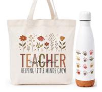 Gifters | Pack Regalo Profesora Inglés Infantil y Primaria “Teacher” Personalizado Fin de Curso | Bolsa Tote con Cremallera + Botella Acero Inoxidable | Nombre Maestra y Alumnos | English Teacher Gift