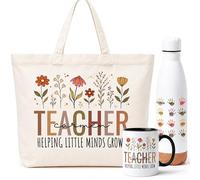 Gifters | Pack Regalo Profesora Inglés “Teacher” Personalizado Fin de Curso | Bolsa Tote con Cremallera + Botella Acero Inoxidable + Taza | Nombre Maestra y Alumnos | English Teacher Gift