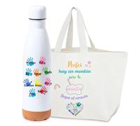 Gifters | Regalo Personalizado para Profesoras | Pack Bolso Tote y Botella 750 ml | Nombres de Alumnos y Mensaje | Detalle Fin de Curso | Obsequio Original Maestra Infantil o Primaria (MONTON)