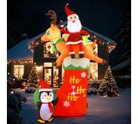 GIFTFIND Papá Noel inflable iluminado de Navidad, reno, calcetín y pingüino | Papá Noel festivo monta un reno con un calcetín y pingüino, creando una brillante exhibición navideña para césped