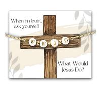 GiftGet WWJD Pulsera para mujeres y adolescentes, pulsera delicada ajustable chapada en oro con cuentas blancas de concha de agua dulce, "What Would Jesus Do", regalo cristiano religioso en una caja