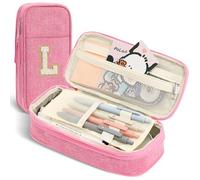 GIFTOXO Estuche para lápices preparados para suministros escolares, estuche grande con inicial con cremallera, bonito estuche para suministros de oficina, estuche estético rosa para niños,