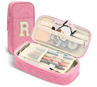 GIFTOXO Estuche para lápices preparados para suministros escolares, estuche grande con inicial con cremallera, bonito estuche para suministros de oficina, estuche estético rosa para niños,