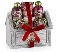 Gifts from Son, Home Spa Gift Basket, 8pc Bath & Body Set for Women & Men, Exotic Pomegranate Scent, Shower Gel, Bubble Bath, Lotion, Bath Salt, Body Scrub, Towel, Cosmetic Bag & Wood Case