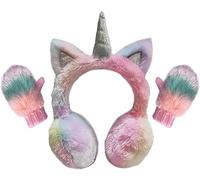Gifts Treat Conjunto de orejeras, manoplas y bufanda para niñas, orejeras de unicornio para niños y guantes de punto con calentador de cuello en diseño de felpa colorida, 7-14 años