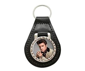 Giftshop UK Llavero de piel Elvis Aaron Presley, Cuero negro y metal plateado, 45mm x 80mm